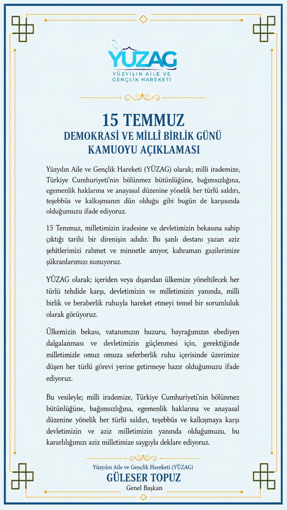 15 Temmuz Demokrasi ve Milli Birlik Günü Kamuoyu Açıklaması